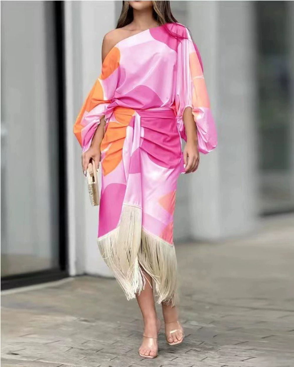 Printed Lantern Sleeve Loose Top and Fringe Hem Skirt Women 2 Piece Set